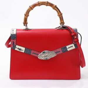 Gucci Leather Bag Bamboo Handbag Coral Red Shoulder Snake Lilith